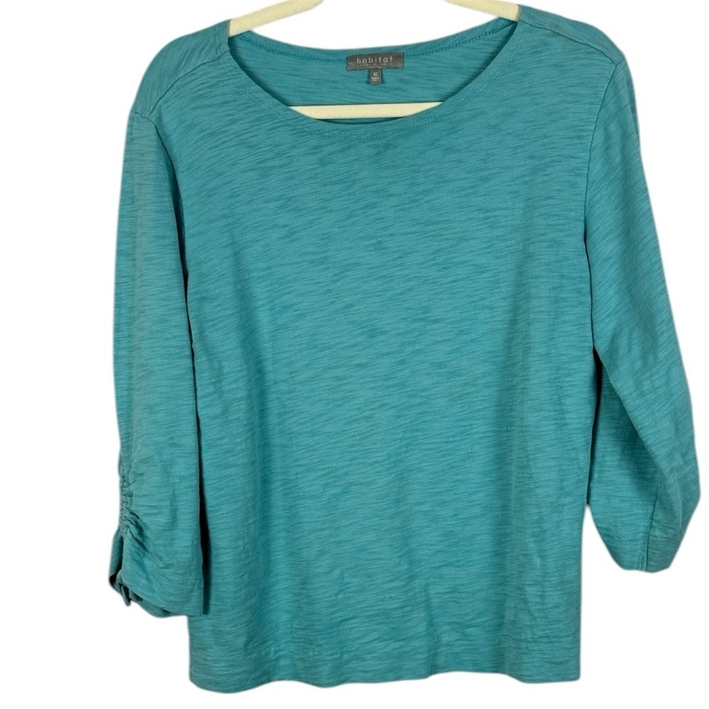 Habitat Comfy Cotton Blue 3/4 Sleeve Ruched Cuffs Scoop Neck Long Sleeve XS Top